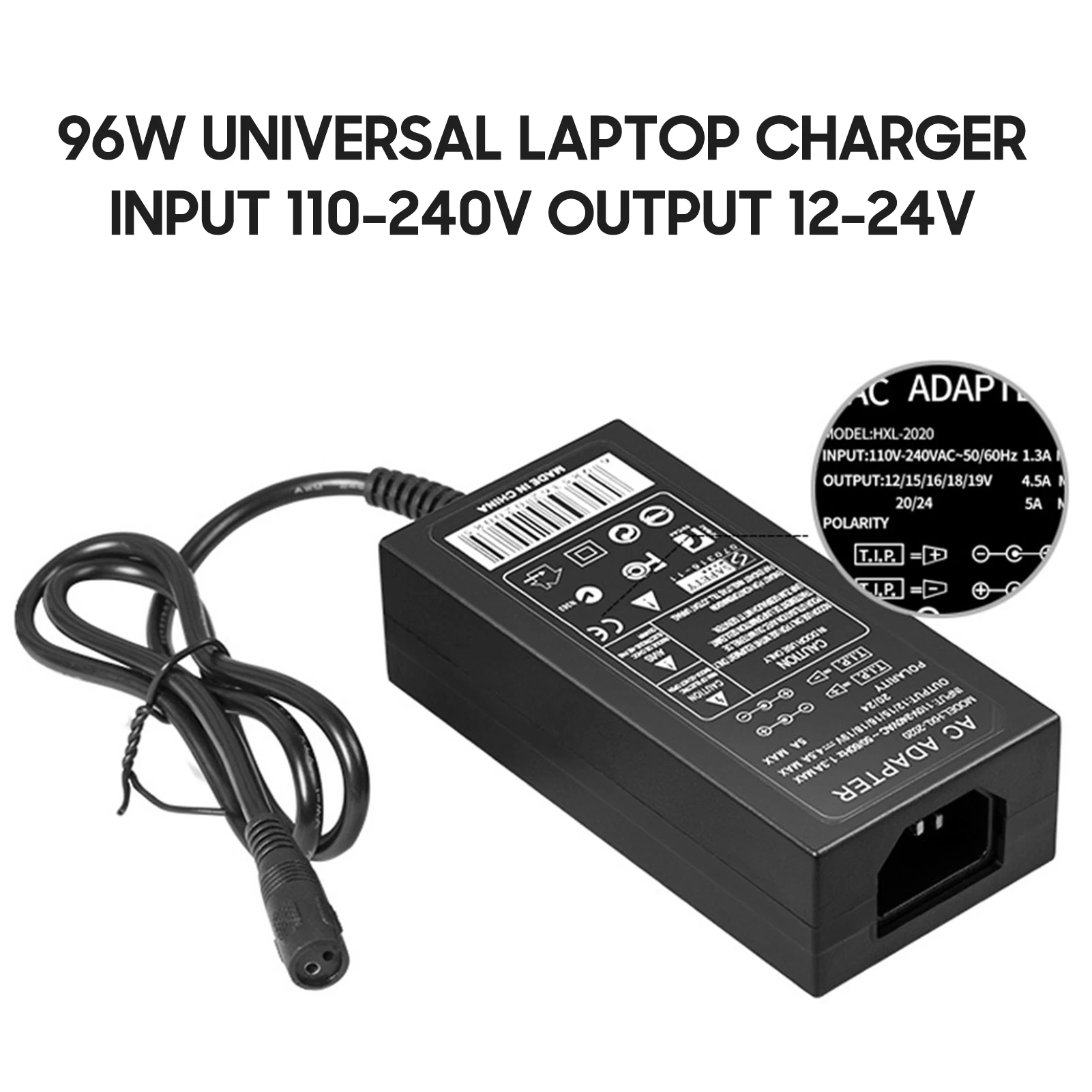 96W Universal Laptop Power Charger AC Adapter with 8 DC Jack Plug Converters 12V to 24V Adjustable Portable Charger EU/US Plug