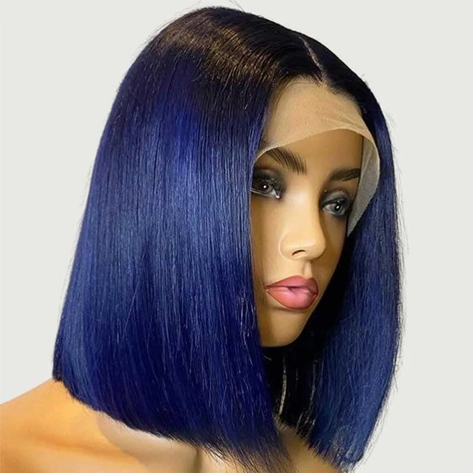 Brazilian Remy Hair 4x4 Lace Closure Bone Straight Midnight Blue Black Roots Short Bob Wig Human Hair For Women Clearance Sale