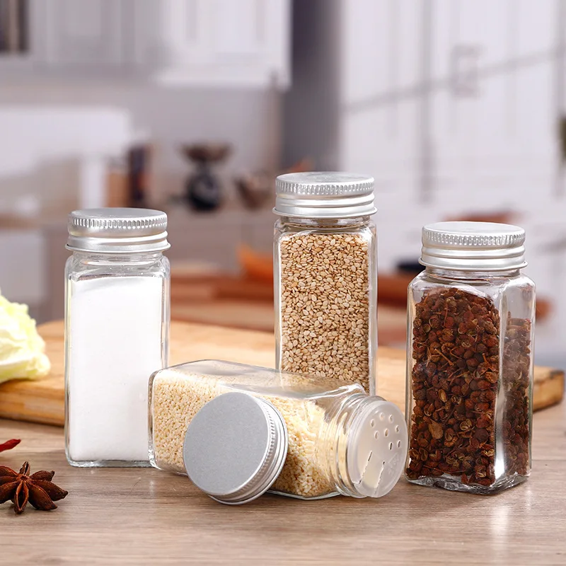 12pcs Square Glass Spice Jars&Bottles 120ml  Empty Glass Seasoning Containers with Silver Metal Caps and Pour/Sift Shaker Lid