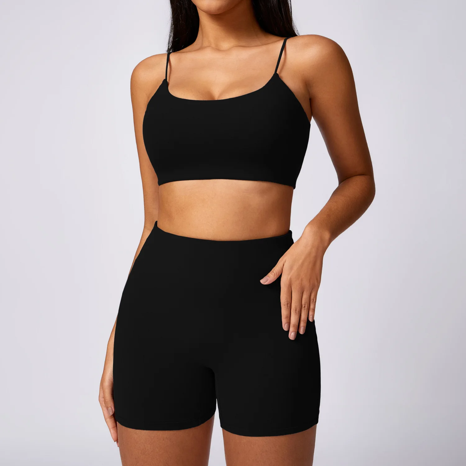 Two piece set  Fitness Yoga Set Women Solid Color Gym Soft Super Stretch Sportswear Workout Clothes Crop Top Gym Shorts Set