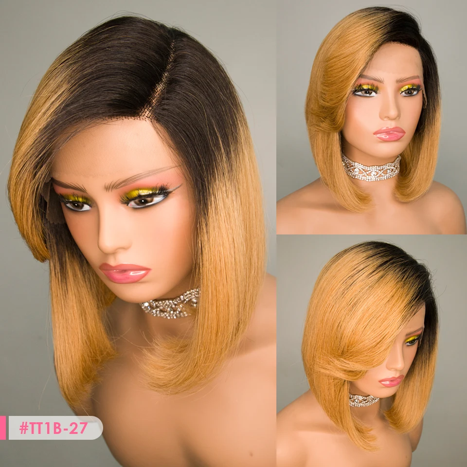 

HD Transparent Lace Front Human Hair Wigs PrePlucked 180% Brazilian Body Wave Lace Frontal Wig With Bangs Straight Bob Cheap Wig