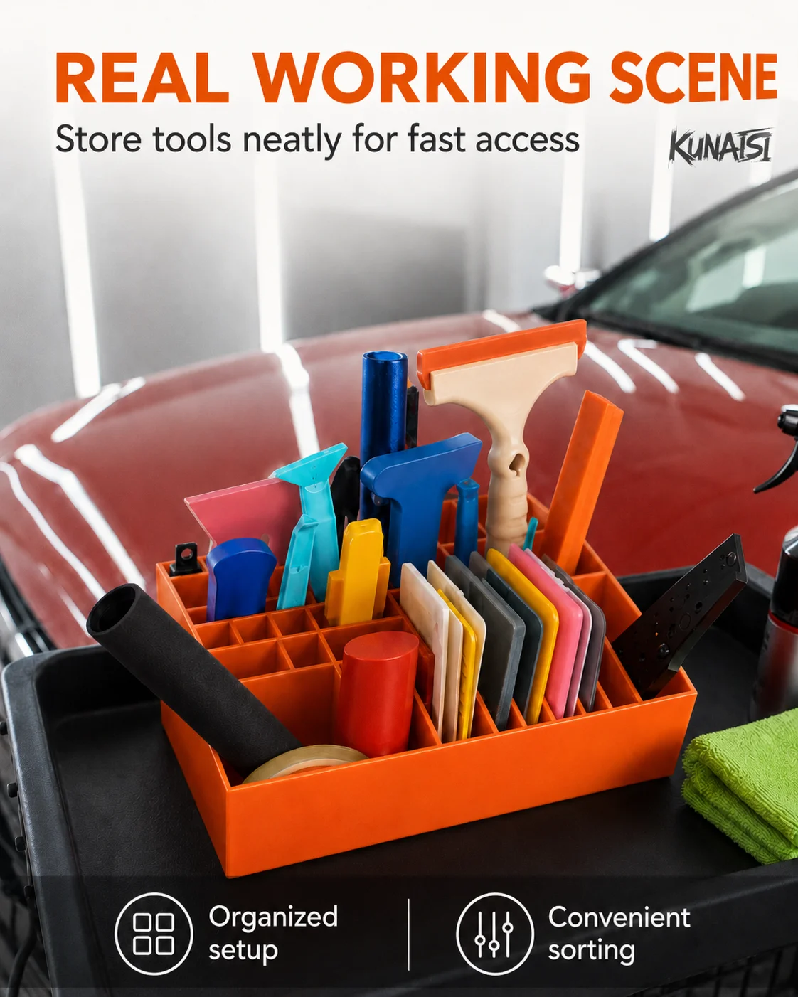 KUNAISI Auto-Folierungswerkzeug-Aufbewahrungsbox Mehrzweck-Organizer für Vinyl-Tönungsfolie Rakelklingen Werkzeuge Grün Orange – Detail 4