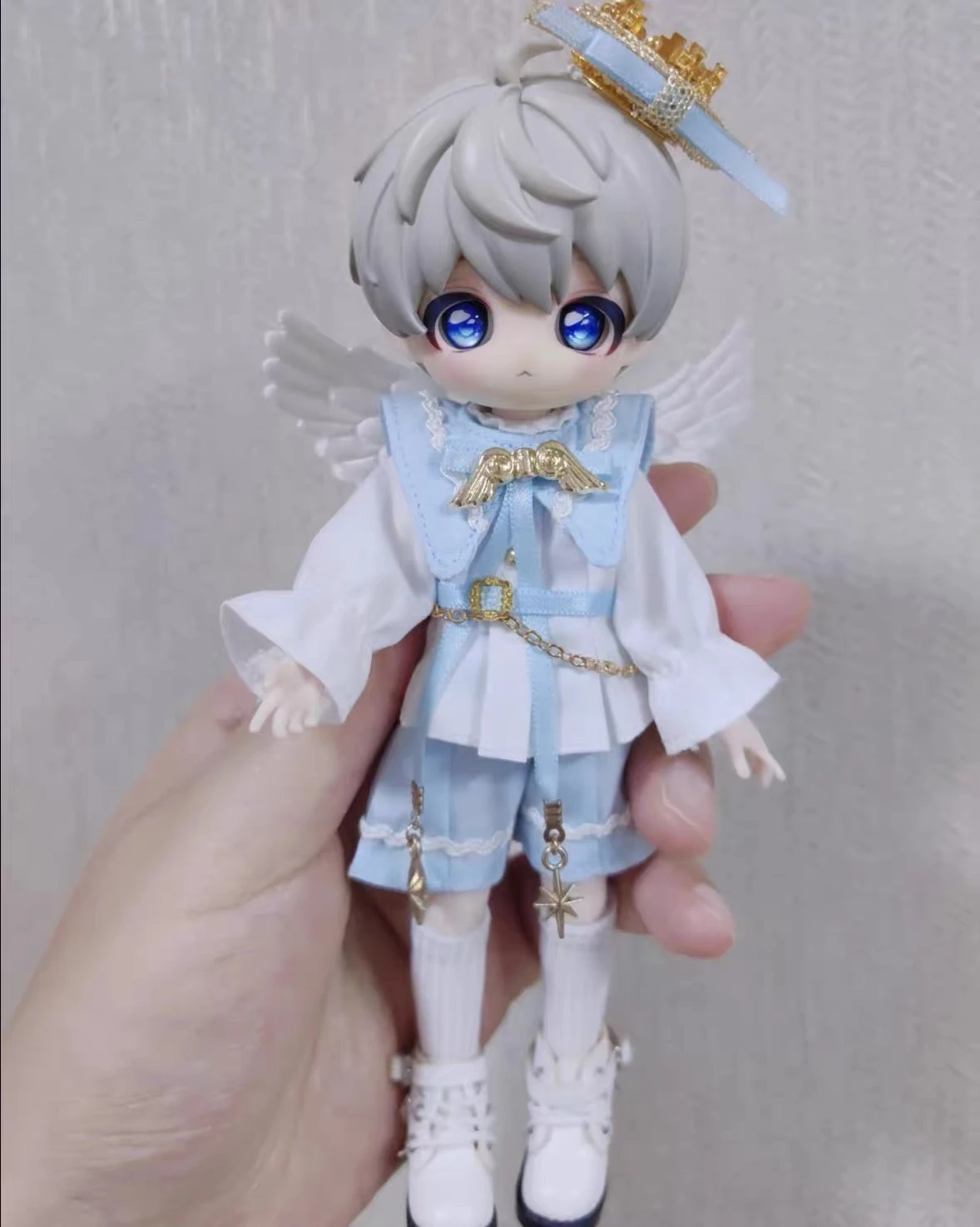 OB11 Angel Prince Outfit Set for 1/12 BJD Dolls, White Wing Blue Shawl Shirt Shorts with Crown Accessories (Doll Not Included) 4