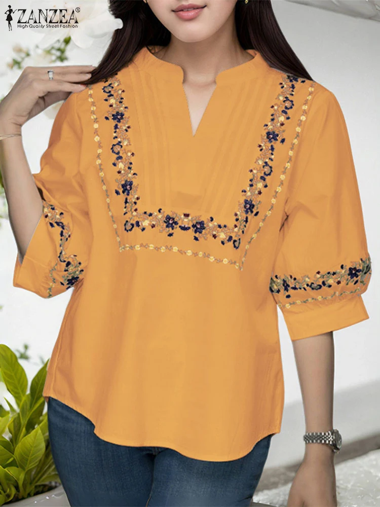 ZANZEA Gedrukt Blouse Vrouwen Tops 2025 Mode Elegante OL Werk Tuniek Casual Blusas Losse Half Mouw Zomer V-hals Truien