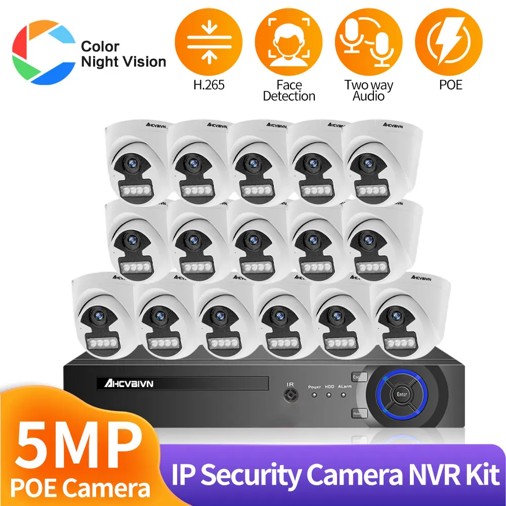 

16CH 5MP Color Night Vision POE Dome Camera Set H.265 Indoor POE Security Camera NVR Kit 4K 8CH CCTV Video Surveillance System