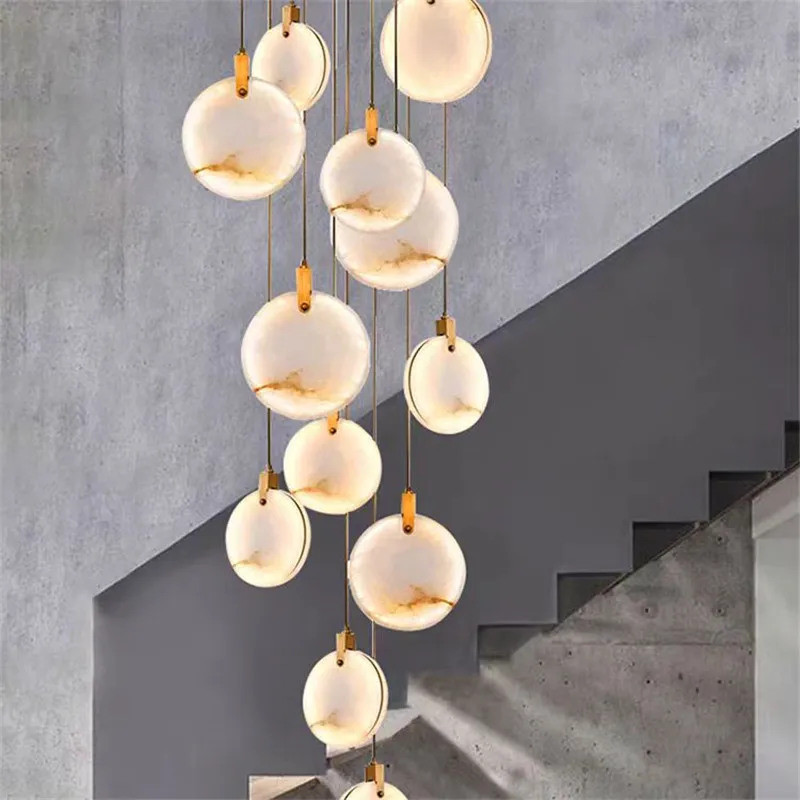 

Staircase Chandeliers LED round Marble lamp For Living Room loft villas Luxury Hanging Lamps Long high Chandeliers Lighting