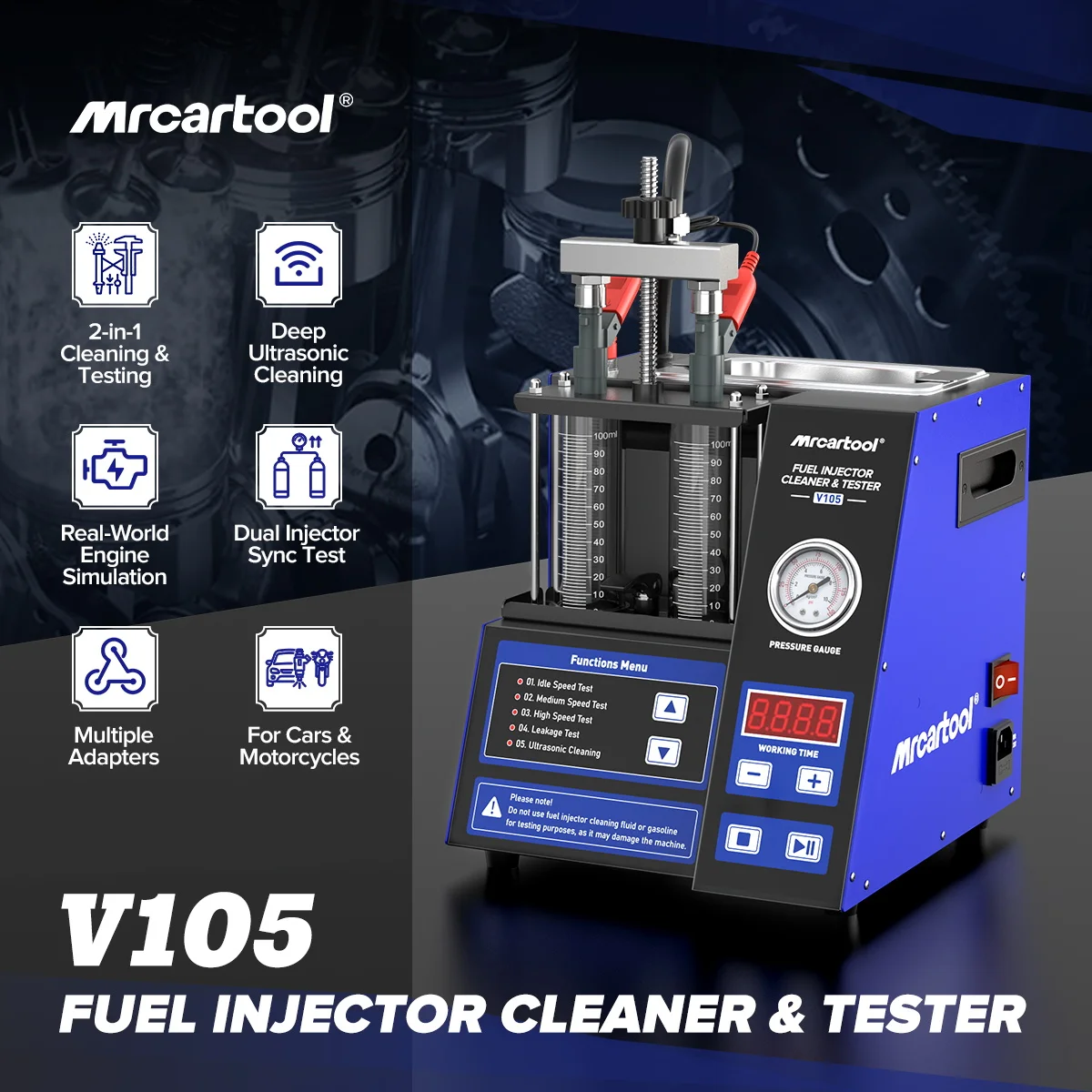 Mrcartool V105 Fuel Injector Cleaner & Tester 2 Cylinder Injector Cleaning Machine With Ultrasonic Cleaning Tank for Cars Motorcycles