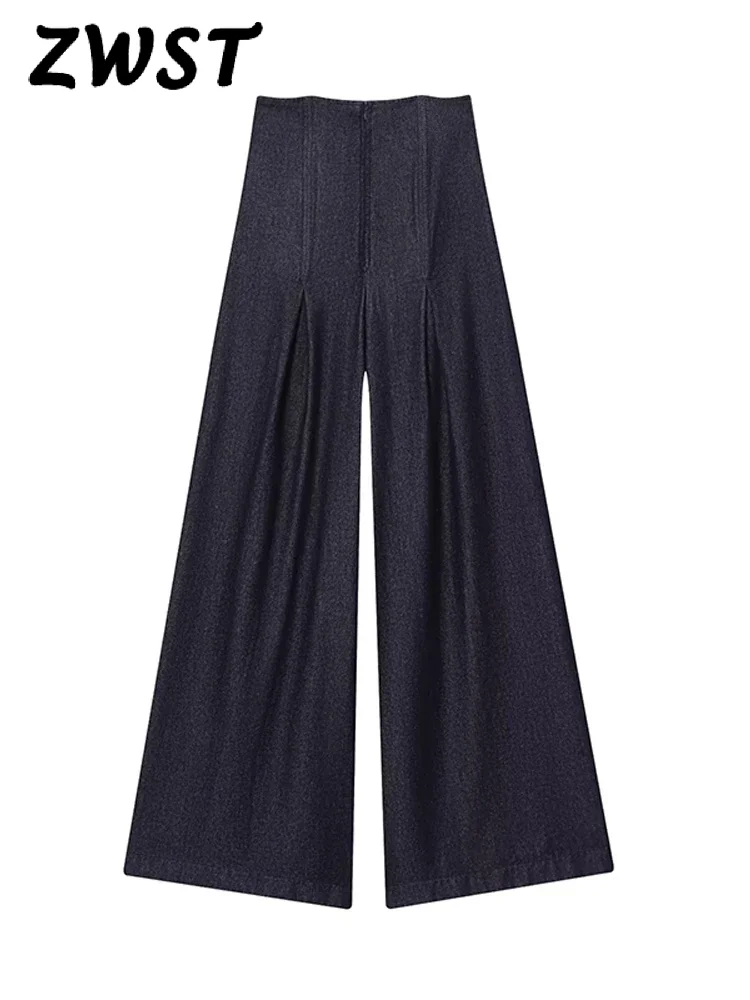 

Elegant Denim Pleated Pants Women Loose High Waist Oversize Street Jeans Female 2025 Fashion All-match Trousers Lady