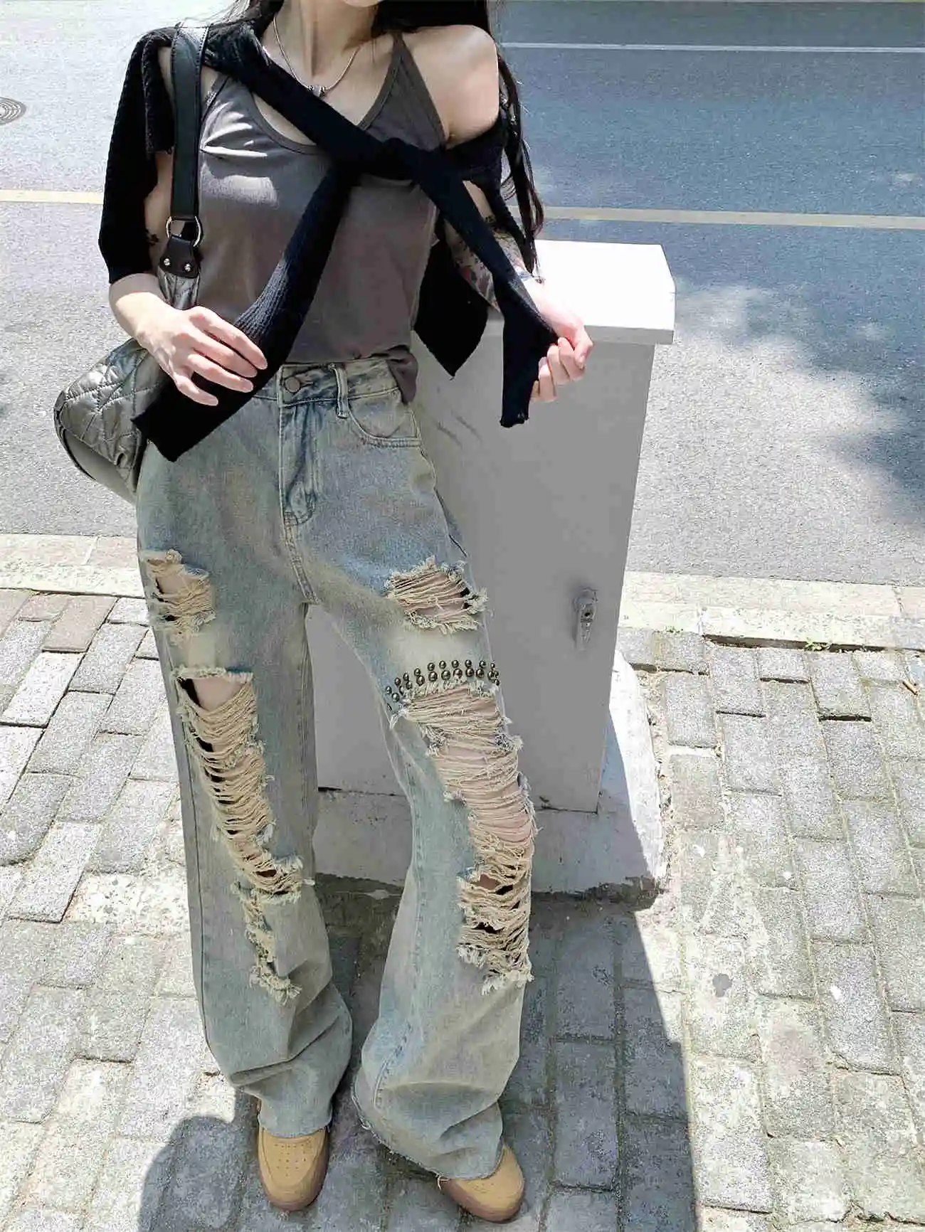 Design Hole Jeans For Women's Summer High Waisted Mop Pants, Loose Draped Wide Leg Straight Leg Pants Hip Hop Trousers