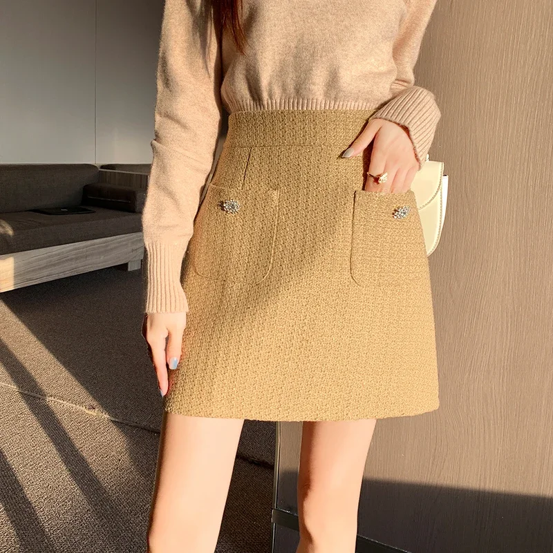 Koreanische Temperament Rose Rot Tweed Kurzen Rock Weibliche Herbst Hohe Taille Taschen A-line Woolen Mini Röcke Frauen