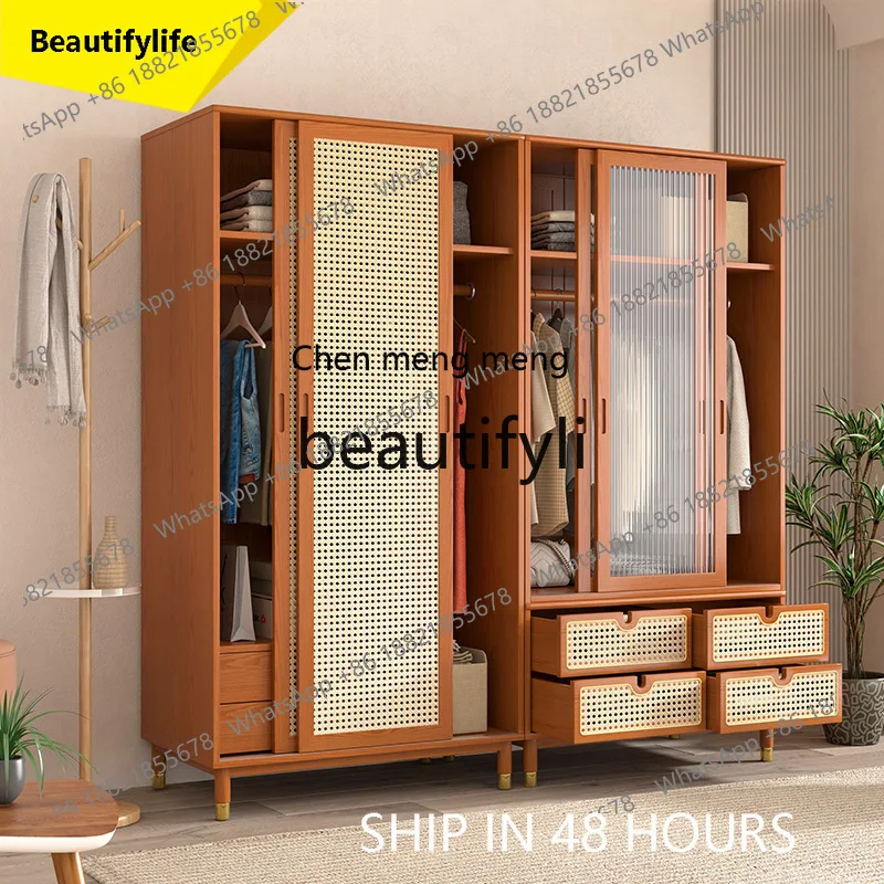 CC Solid wood double-door wardrobe storage locker household sliding door rattan wardrobe simple