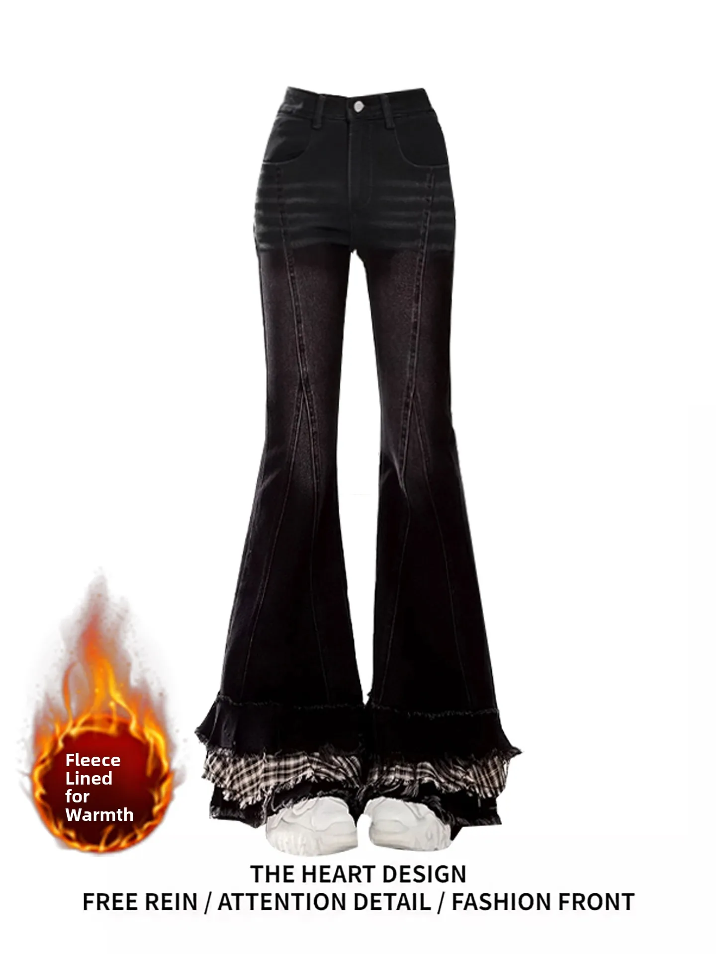 

High Waist Thickened Fleece Lined Plaid Splicing Bell Bottom Jeans Women's Autumn Winter Warm Slimming Denim Pants
