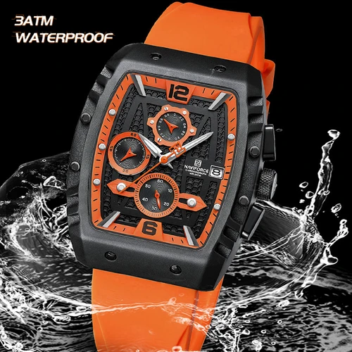 NAVIFORCE, relojes creativos con esfera en forma de barril para hombre, correa de sílice ahumada, cronógrafo de cuarzo resistente al agua, indicador de fecha, reloj de pulsera para hombre