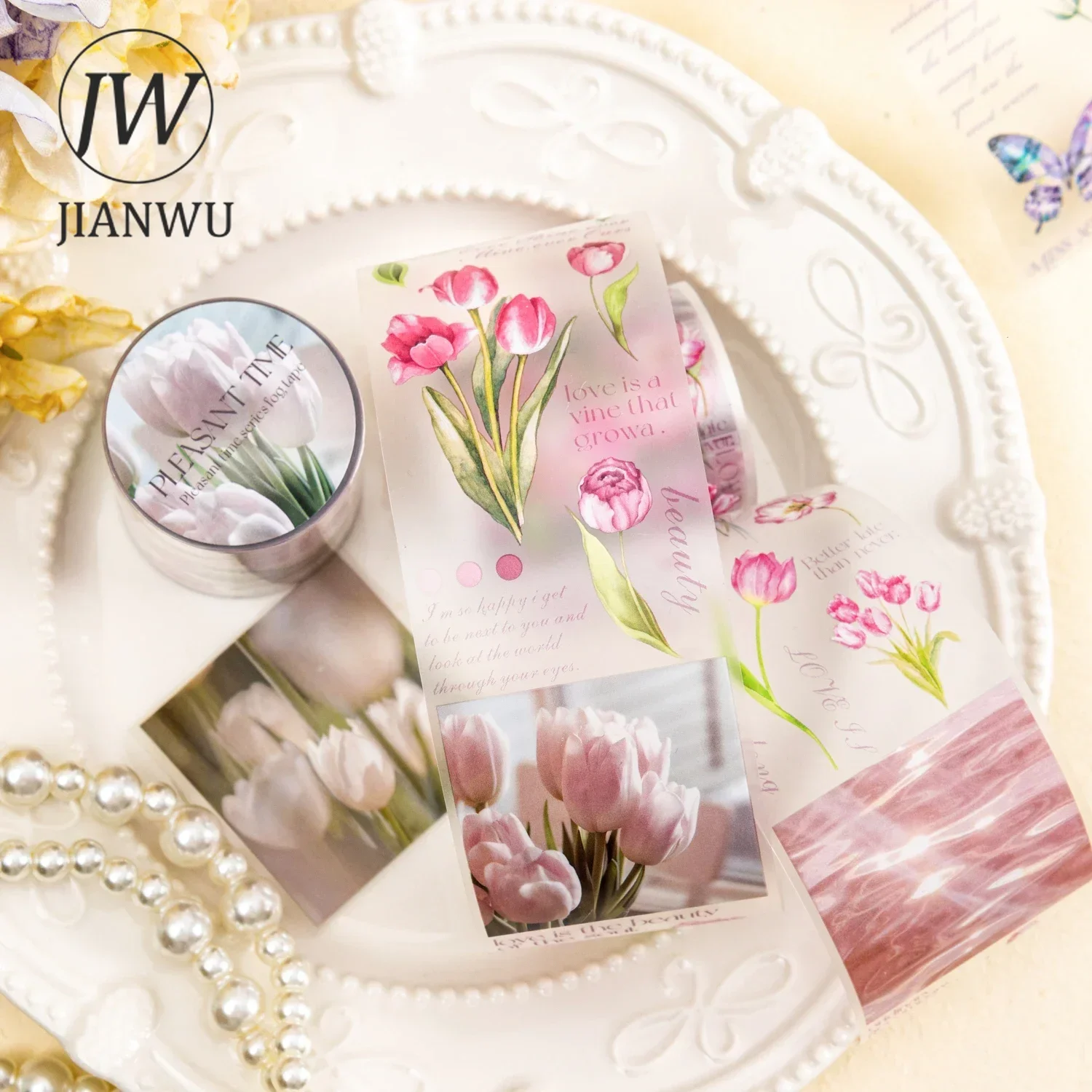 JIANWU 45mm*200cm Pleasant Time Series Literary Butterfly Flower Material Collage PET Tape Creative DIY Journal Stationery