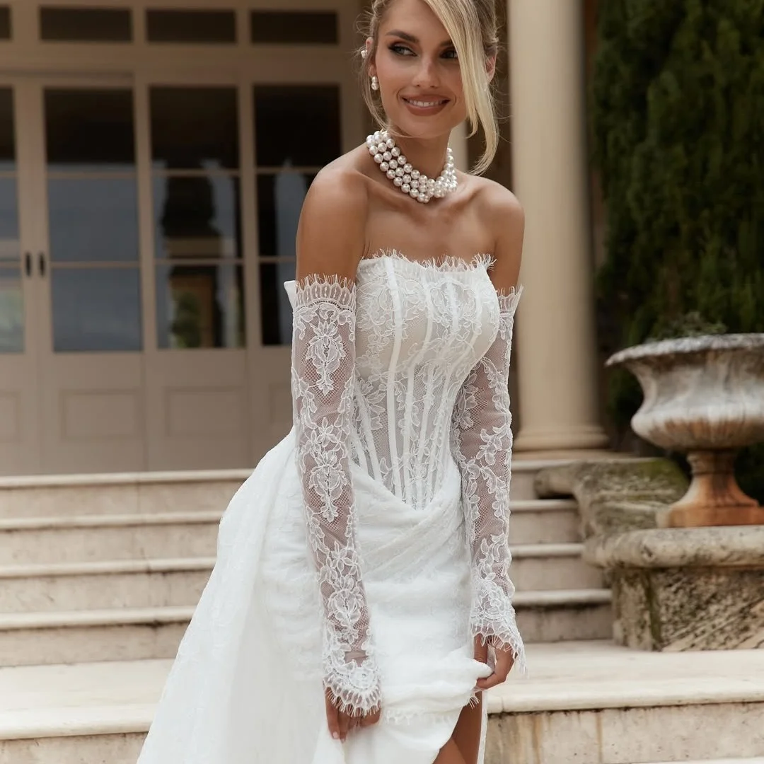 Sansa op maat gemaakte witte strapless mouwen feestjurk trailing kanten galajurk rugloze mesh stof vloerlengte avondjurken