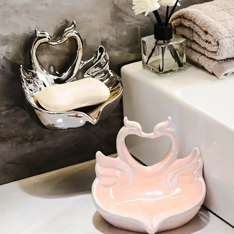 Light Luxury Creative Soap Dish Household Bathroom Wall-Mounted Hole-Free Ceramic Swan Decor Sink Accessory