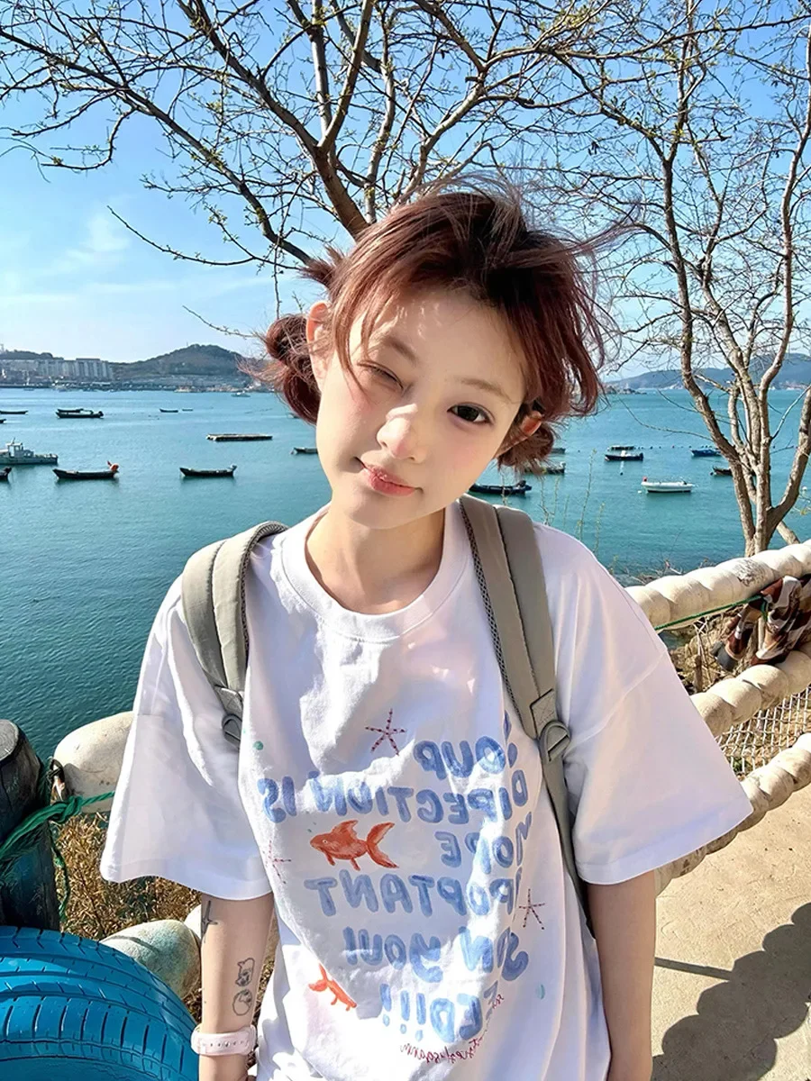 Frauen T-shirt Lose Goldfi Brief Drucken Alle-spiel Koreanische Sommer T-shirt Frauen Kleidung Grafik T Shirts Sommer Streetwear y2K