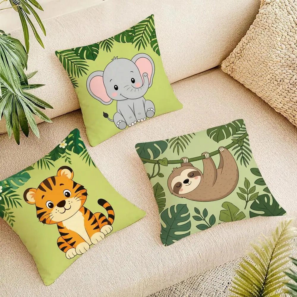 Cartoon Animal Zoo Hold Cushion Cover Natural Linen Organic Fabric Double-Sided Printing Breathable For Home Decor