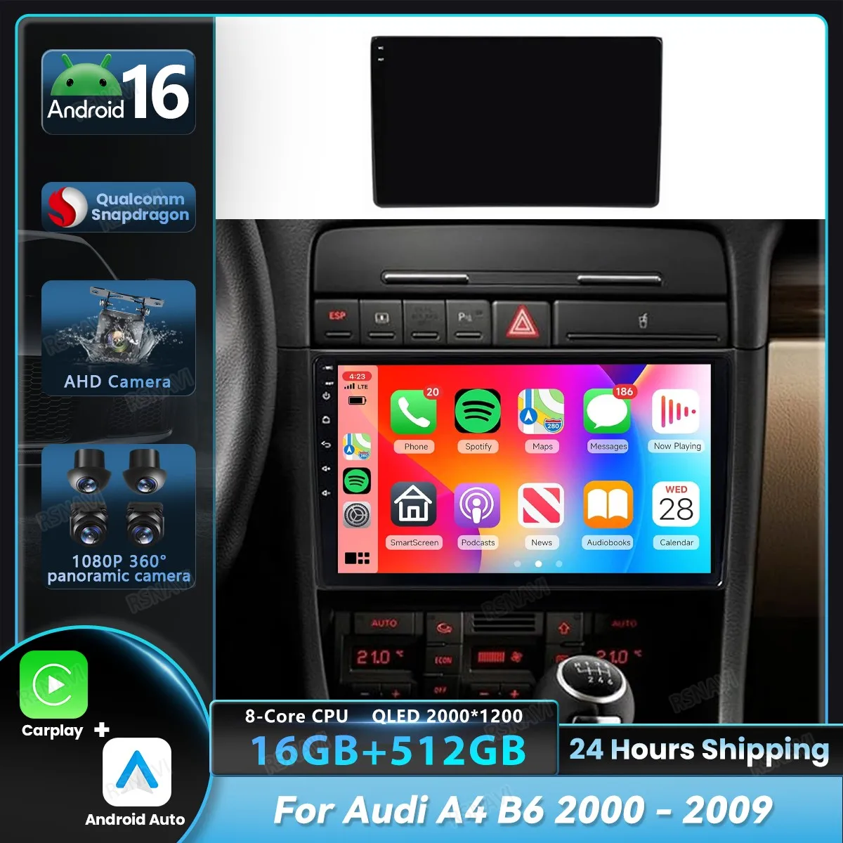 Car Radio Android 16 Carplay For Audi A4 2 3 B6 B7 S4 RS4 2000 - 2009 Autoradio Multimedia Stereo Android Auto Wireless Player