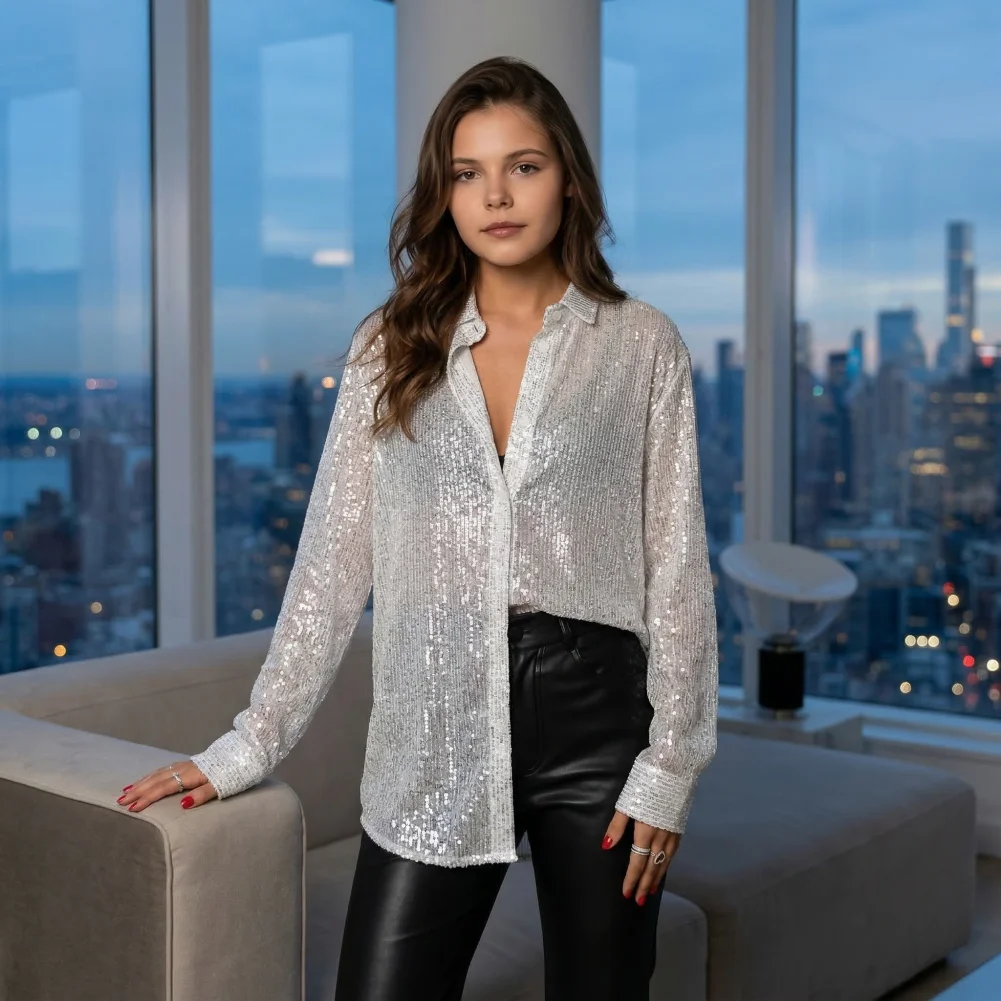 

Women Long Sleeve Shirt Women’s Shiny Sequin Shirt Top Long Sleeve Lapel Cardigan Blouse Loose Fit Night Club Party for Women