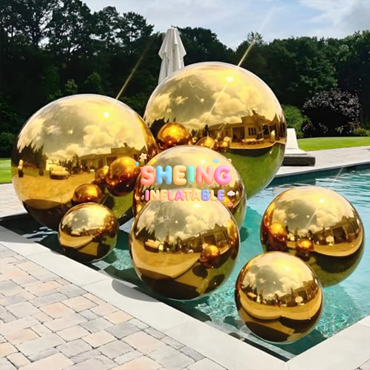 

Floating Big Shiny Ball Parties Wedding Event Sphere Ornaments Disco Ball Mirror Inflatable Christmas Ball For Decoration - Gold