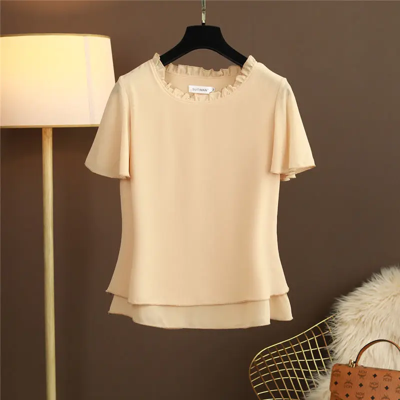 Solid Color Summer Casual Chiffon Ladies Tops Simplicity Short Sleeve All-match Pullovers Women\'s Clothing Irregular T-Shirts