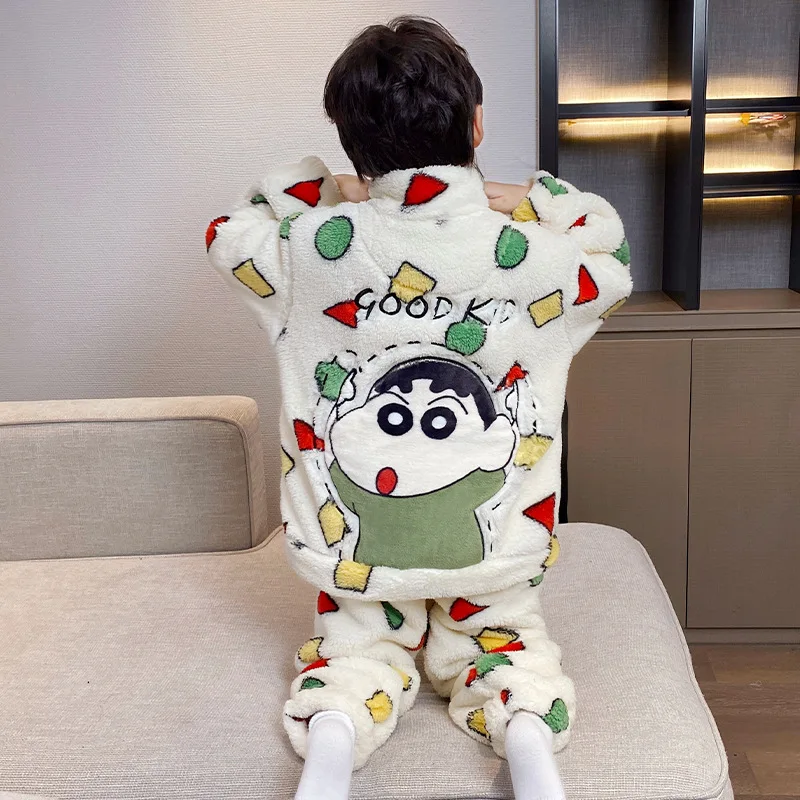 Anime 2Pcs Crayon Shin-Chan Children's Pajamas Set Girls Boys Cartoon Fashion Pajamas Zipper Casual Velvet Warm Pijamas Homewear