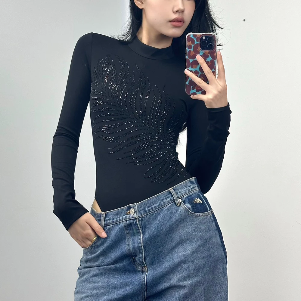 

Women's Round Neck Long Sleeve Bodysuit Tops, Feather Styling, Hot Drilling, Elegant, Casual, Y2K Temperament, New, Fall, 2024