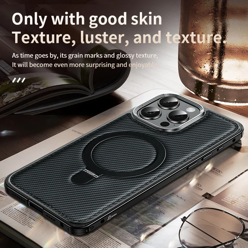 Luxury Aluminum Frame MagSafe Stand Phone Case Fro iPhone 14 15 Pro Max Leather Carbon Fiber Textured Back Plate Shockproof Case