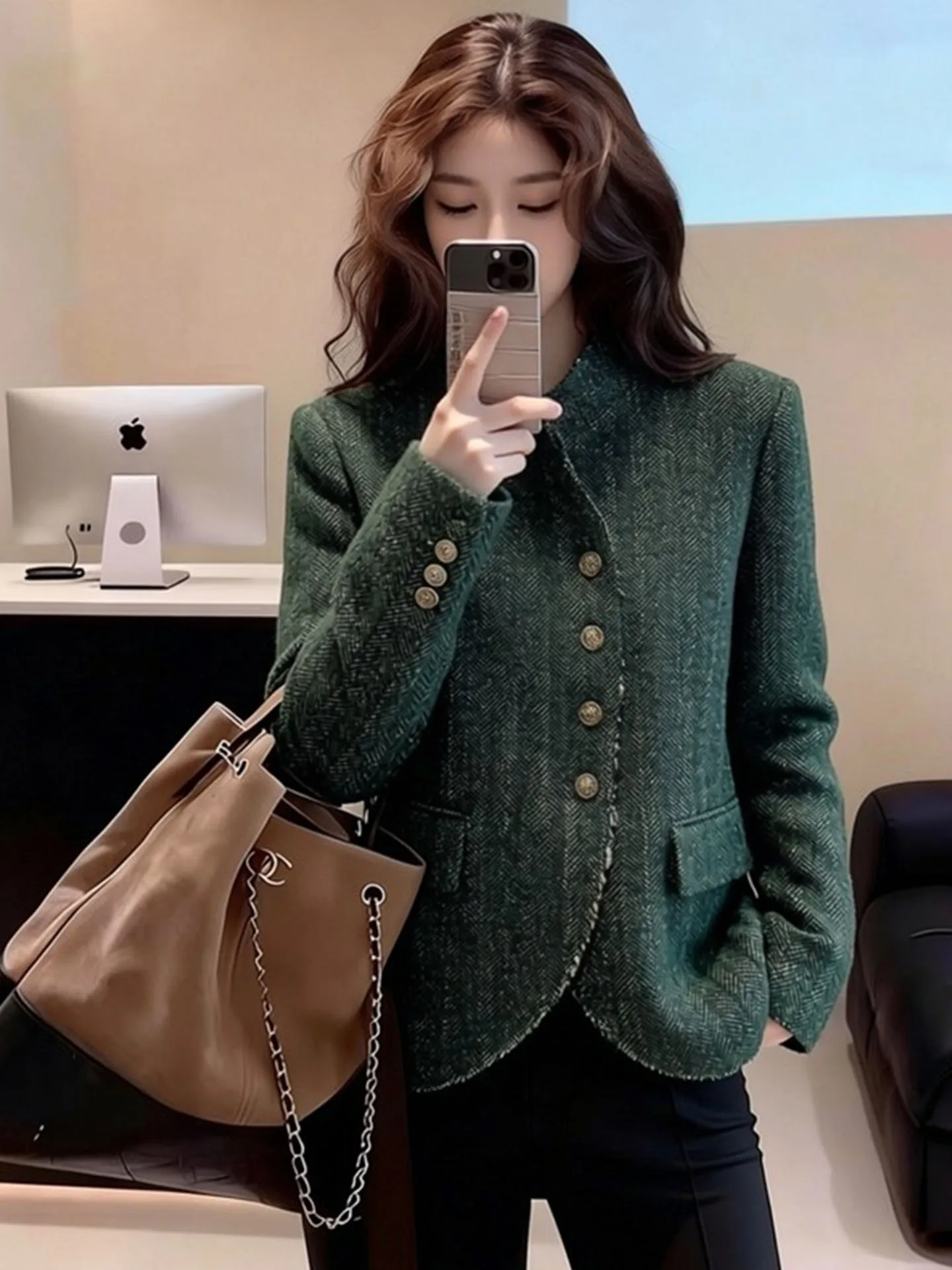 

een Tweed ort Outerwear Women's Faion Spring 2026 New Sle Versatile Small Suit Top Gentle Sle Stand Version