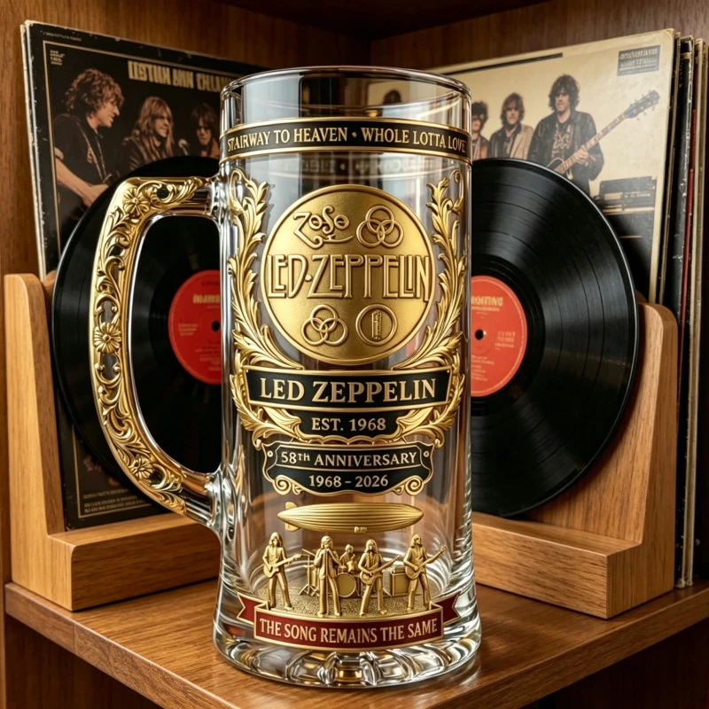 Caneca de Cerveja em Relevo do 58º Aniversário dos Led Zeppelin - Copo Colecionável com Relevo Dourado da Banda de Rock para Fãs e Bar em Casa