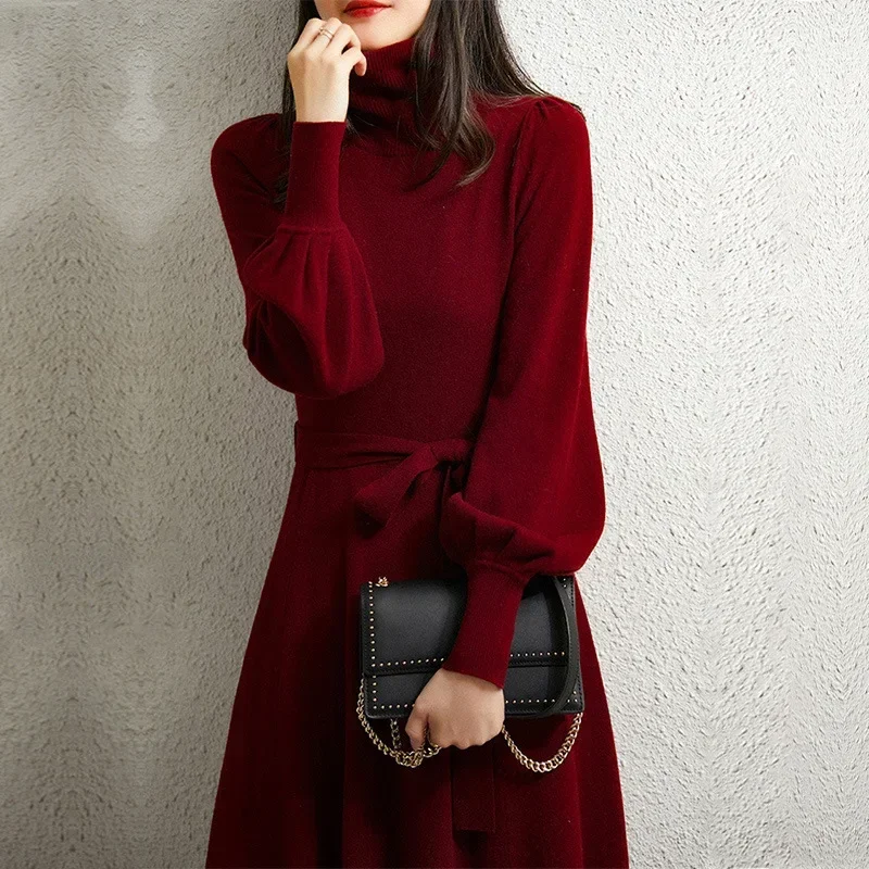 Korean Elegant Turtleneck Knitted Long Dress Lantern Sleeved Lace Up High Waist Straight Commuting Casual Winer Dresses Women