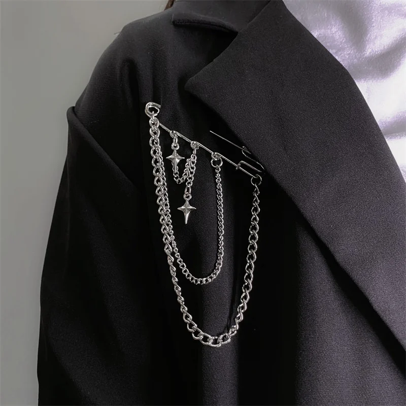 1pc Chain Decoration Tassel Chain Metal Brooch Korean Style Metal Stars Brooch for Women Men Suit Pin Cloth Jewelry Accessories