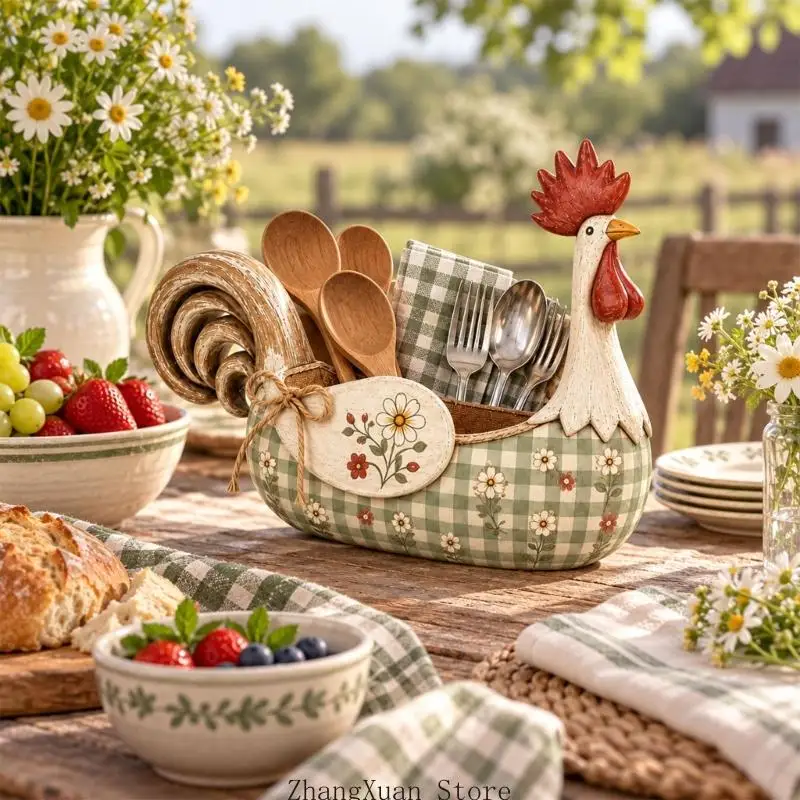 Country Chicken Besteckbehälter aus Holz mit deckellosem Zugang und Gingham-Blumendetail für die Tischorganisation 3XUF – Detail 10