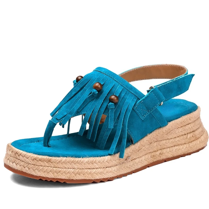 

Европейские/американские уличные прогулочные туфли из овечьей замши с кисточками и бусинами на толстой подошве для мужчин и женщин, летняя римская повседневная обувь с открытыми отверстиями