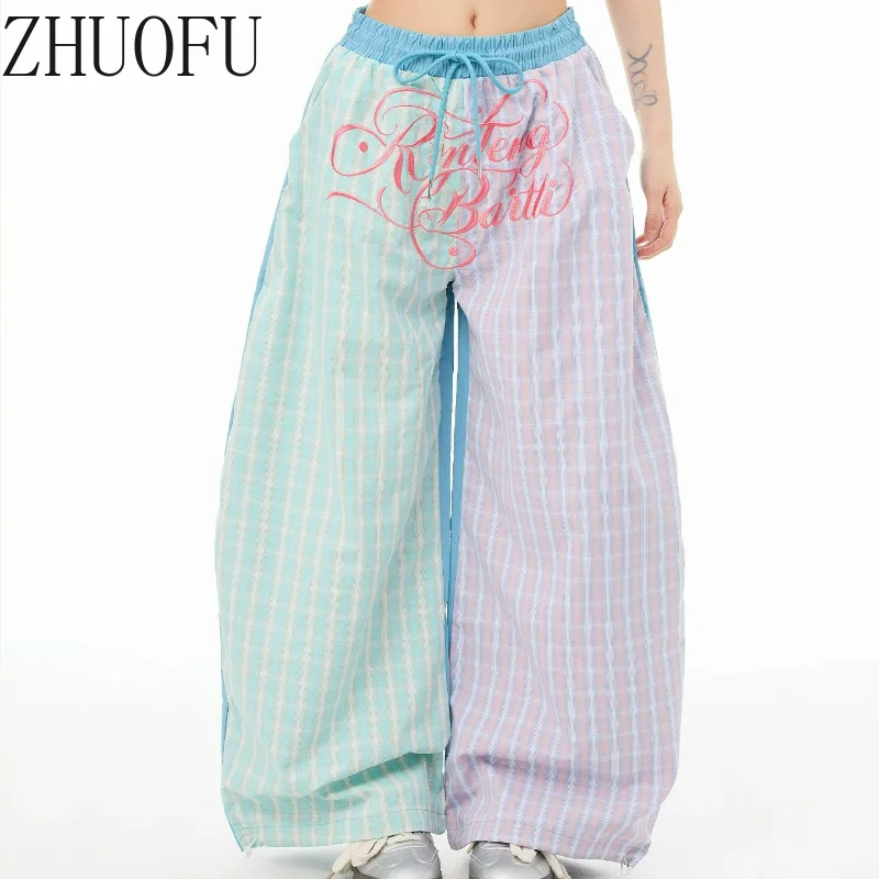 American Retro Letter Embroidered Plaid Women's Pants 2026 New Sweet Loose Casual Age Reduction Thin Mopping Trousers  Ladies