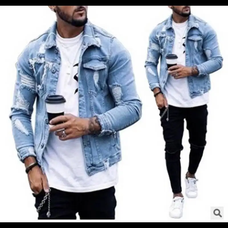 Japanese Style Spring and Autumn Stand-collar Denim Jacket for Men, Fashionable and All-match, with Ripped and Washed Design.