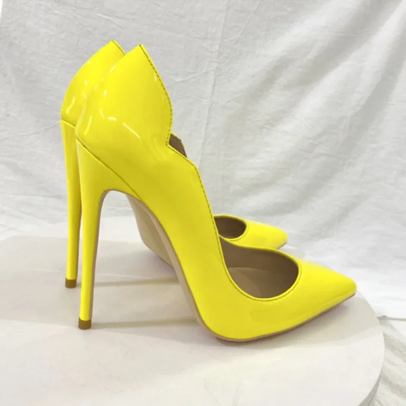 Heelgoo Sexy Cute Side V Cut Yellow Women Glossy Patent Pointy Toe High Heel Party Dress Shoes Stiletto Pumps Plus Size 44 45 46