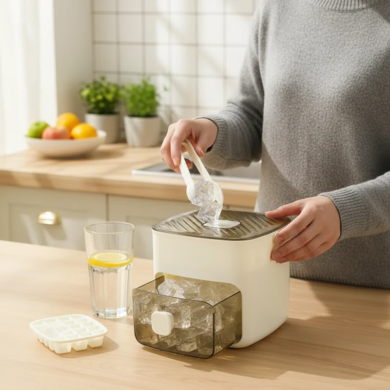 علبة مكعبات الثلج كتلة صندوق تخزين الثلج بنقرة واحدة درج demolding طبقة مزدوجة 48 شبكة نزهة حفلة منصة مشروبات شاي فواكه مصنوع يدويًا #4