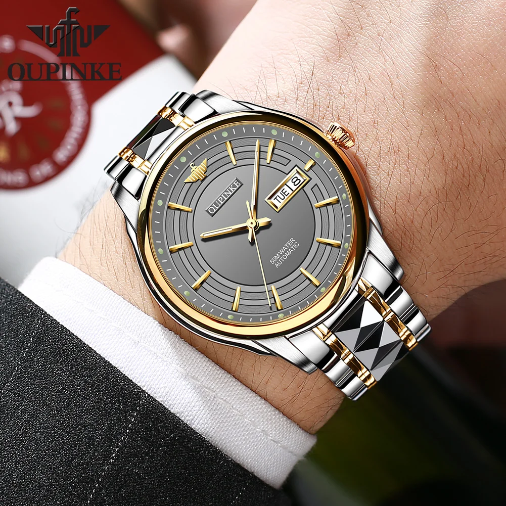 OUPINKE 3170 Fully Automatic Mechanical Watch Men Stainless steel Waterproof Night Light Dual Calendar Display Wristwatch Man