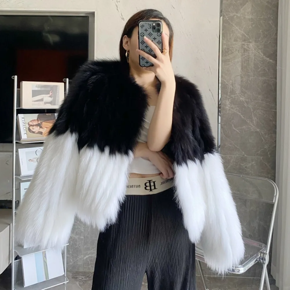 2024 New Real fur,Real fox fur coat women  luxury winter fashion contrast color natural fur strip lightweight jacket for lady wo