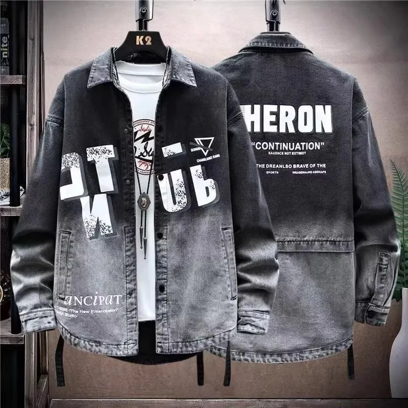 

Мужская джинсовая куртка свободного кроя с ретро-принтом и надписями, в американском стиле, для студентов, осенняя повседневная верхняя одежда