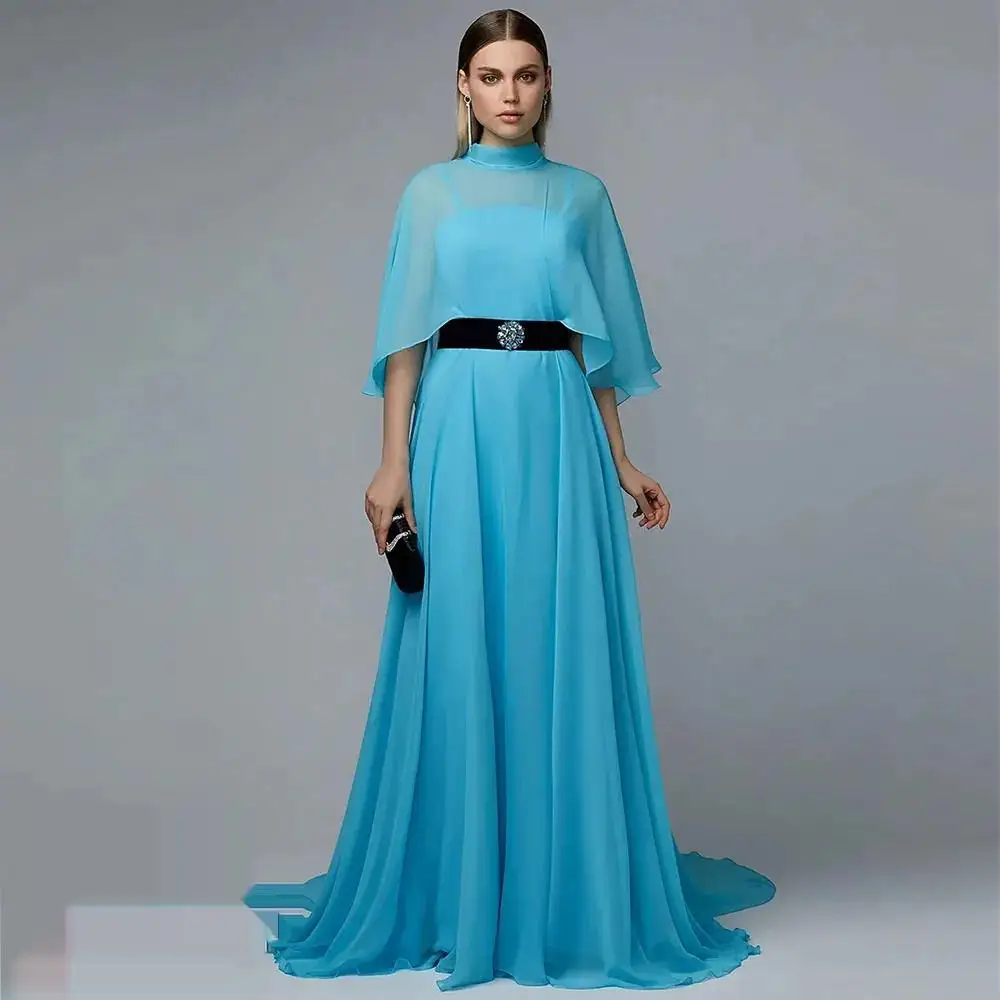 High Neck Prom Dress Shwal Sleeves With Floor Length Evening Dress Women Wedding Party Formal Gowns Arabia