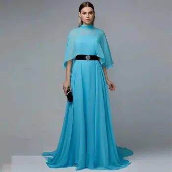 Maßgeschneidertes High Neck Prom Kleid Schal Ärmel mit bodenlangen Abendkleid Frauen Hochzeit Party formelle Kleider Arabia