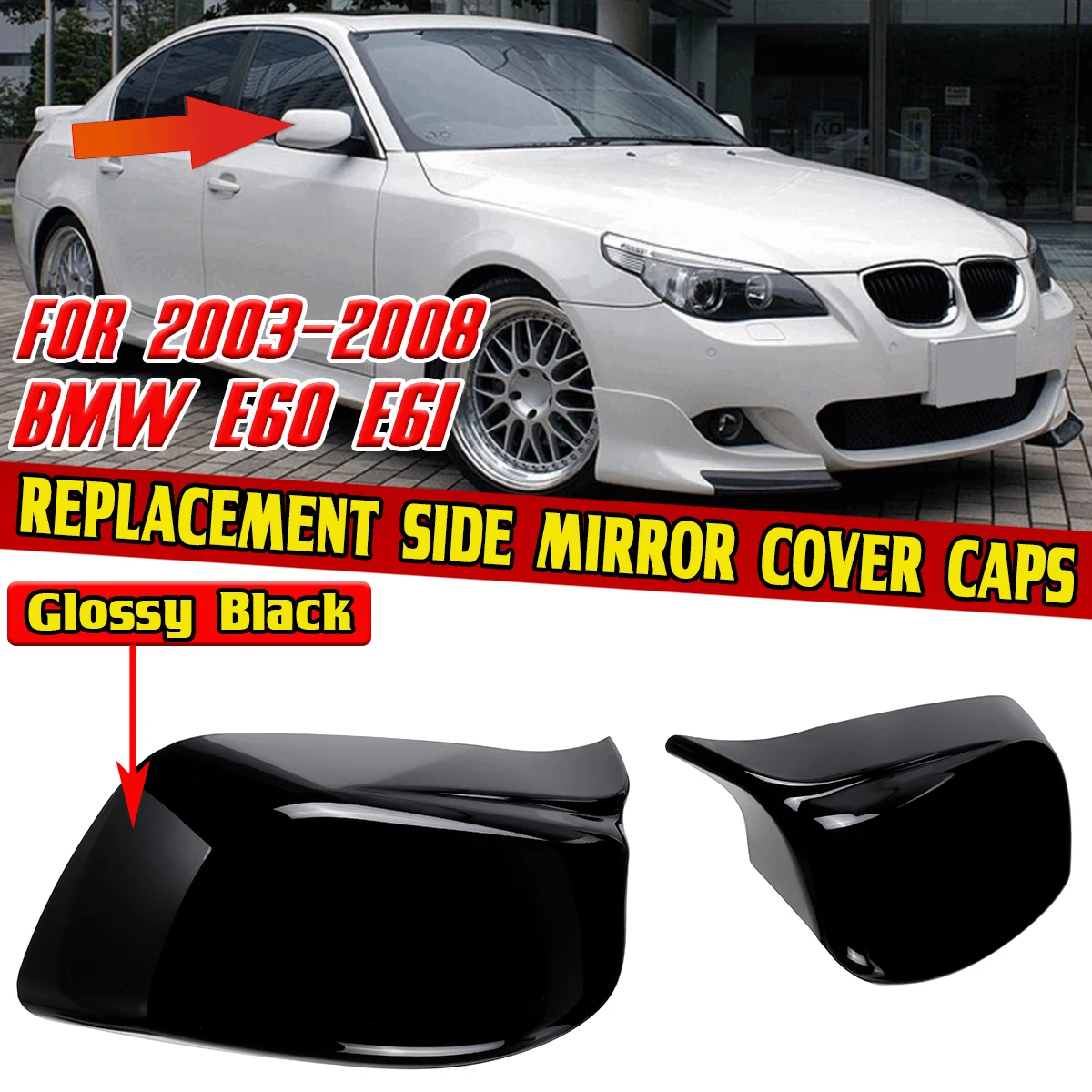 

2pcs For BMW E60 E61 2003-2008 M Style Glossy Black /Carbon Fiber Look Replacement Side Mirror Cover Caps