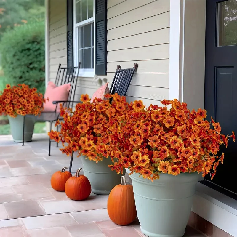 Orange Autumn 10 Bundles Artificial Fall Flowers DIY Fake Wreath Green Ivy Leaves Outdoor UV Resistant Fake Flowers Decoration