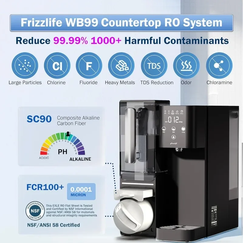 Frizzlife Countertop Reverse Osmosis System - WB99 Alkaline RO Water Filter with Portable Water Pitcher