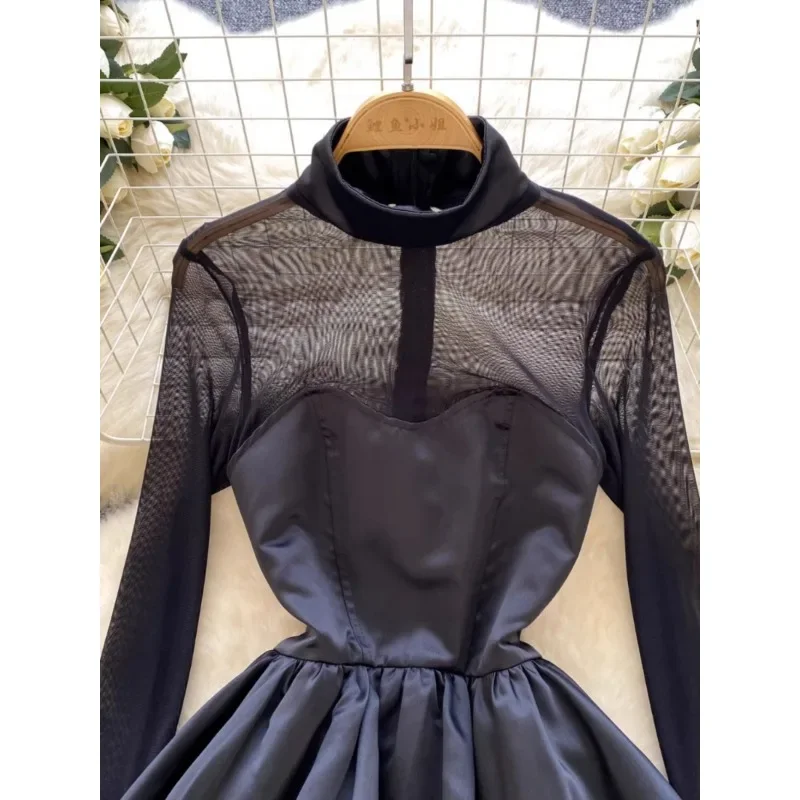 New Fashion Vintage Black Mini Dress Women Slim Perspective Mesh Long-sleeved Stitching Tight Waist Puffy Bud Dress Vestidos