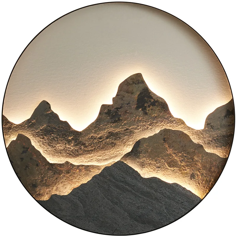 Modern Luxury Chinoiserie Zen Mural Lamp round Landscape Porch Light for Living Room TV Background Wall Art Lighting