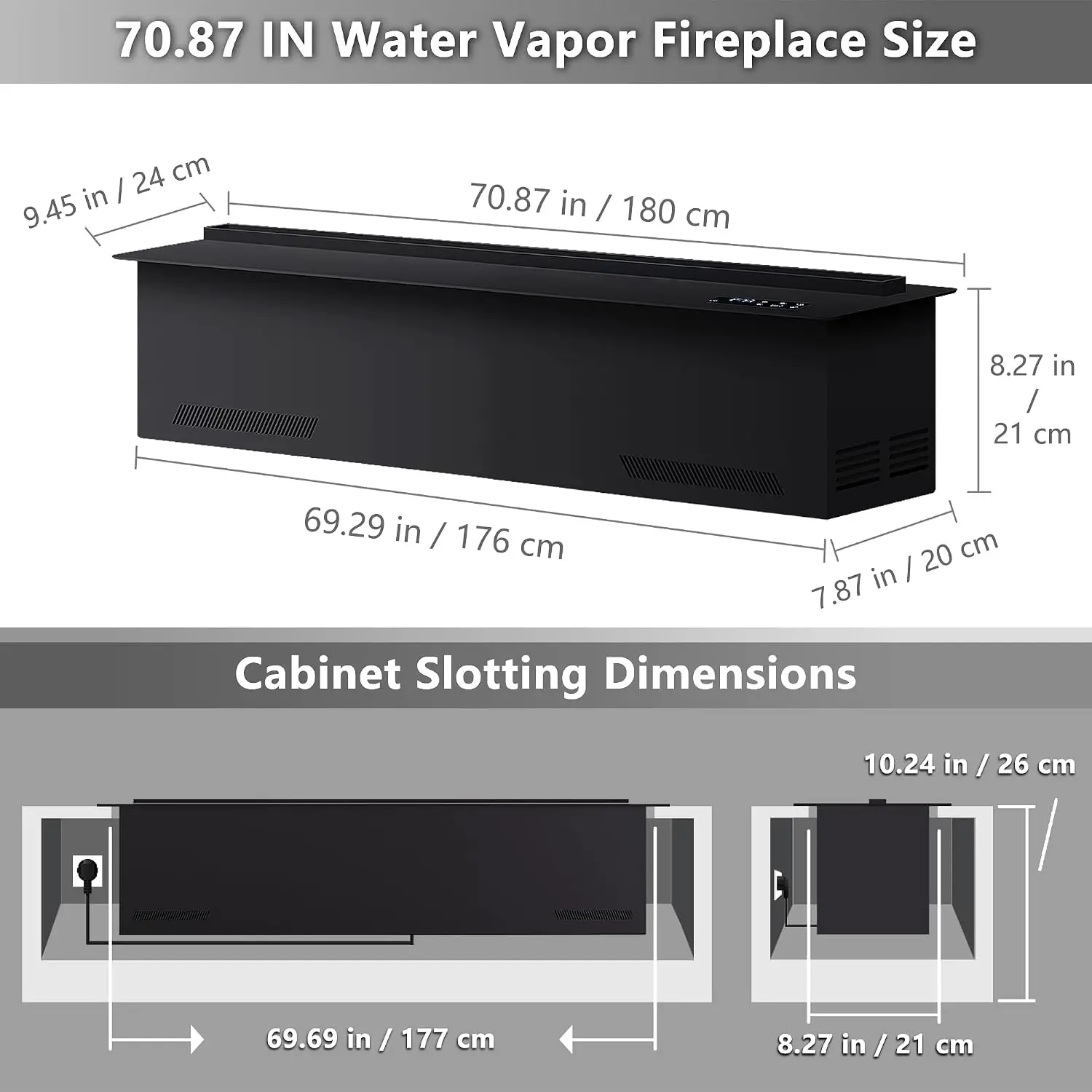 Water Vapor Fireplace Recessed with Dual Water System, 9-Color Adjustable Flame & APP Control,L70.87 x W7.87x H8.27 in